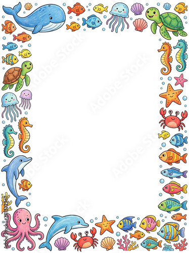 Oceanic Creatures Border: A whimsical border featuring a vibrant collection of cartoon sea animals, including whales, dolphins, fish, jellyfish, seahorses, turtles, starfish, crabs, and octopuses.