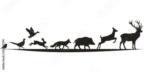 Wild forest animals and game birds vector silhouette line for outdoor hunting
