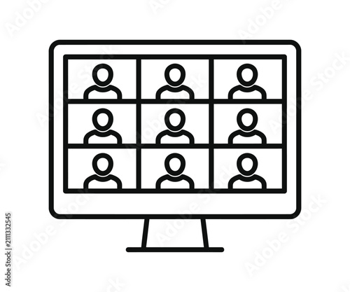 Virtual team video meeting computer display screen line art icon