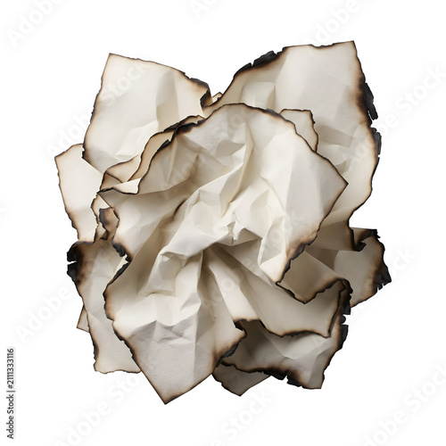 Crumpled paper ball with charred edges isolated white with scorched textures throughout on transparent background