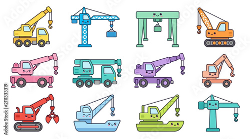 Colorful Cartoon Construction Equipment Illustration Set.