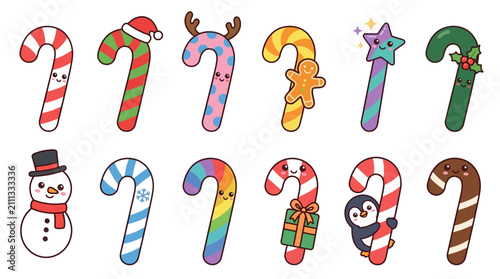 Colorful Holiday Candy Cane Characters Illustration Set.
