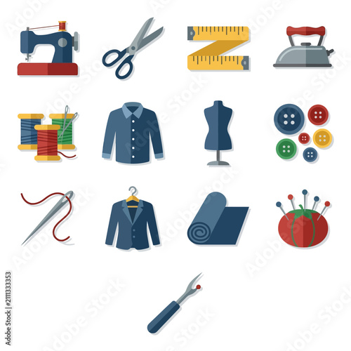 Colorful Sewing Tools and Garments Illustration Set.