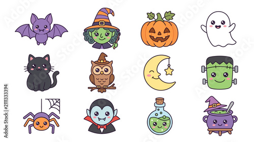 Halloween Themed Cartoon Characters Illustration Set.