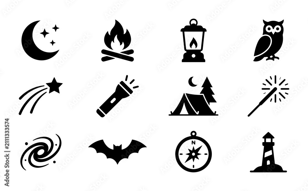 Fototapeta premium Nighttime Icons Set: Moon, Stars, Campfire, Tent, Owl, Bat, Lighthouse, Galaxy, Magic Wand, Compass, Shooting Star, Flashlight, Vector Graphics for Outdoor Adventure and Celestial Themes