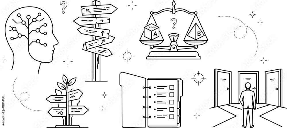 Naklejka premium Business Decision Making and Strategic Planning Line Art Vector Set with Crossroads, Choice Scale, Legal Policy Binder, and Mind Balance Concepts