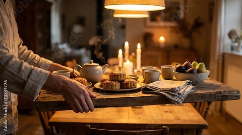 Warm indoor gathering with food and candlelight