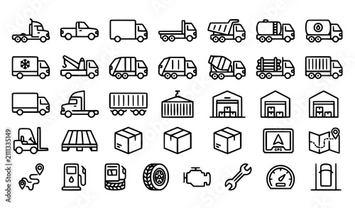 Truck Outline Icon Set with Cargo Delivery Trailer Logistics and Freight Editable Stroke Vector