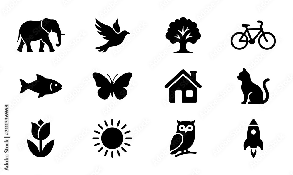 Obraz premium Diverse Silhouette Icons Collection: Animals, Nature, Objects, and Symbols for Web and Print Design