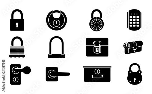 Quadro su tela Security Icons Collection: Padlocks, Combination Locks, Door Handles, and Chest
