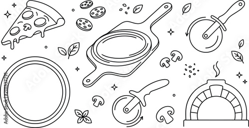 Canvastavla Pizza Making and Italian Pizzeria Culinary Line Art Vector Set with Pizza Slices