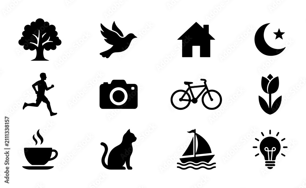 Fototapeta premium Twelve Simple Black Icons: Tree, Bird, House, Moon, Runner, Camera, Bicycle, Tulip, Coffee, Cat, Sailboat, Lightbulb. Vector Set for Design.