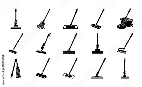 Vector Icon Set: Diverse Mop Styles for Cleaning and Housekeeping, Floor Care Tools Collection, Household Maintenance Equipment
