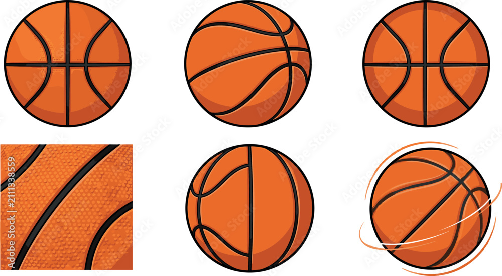 Fototapeta premium Basketball Vector Icon Set with Multiple Angles Motion Effect and Seamless Texture Closeup Graphic Elements for Sports Tournaments and Games Design