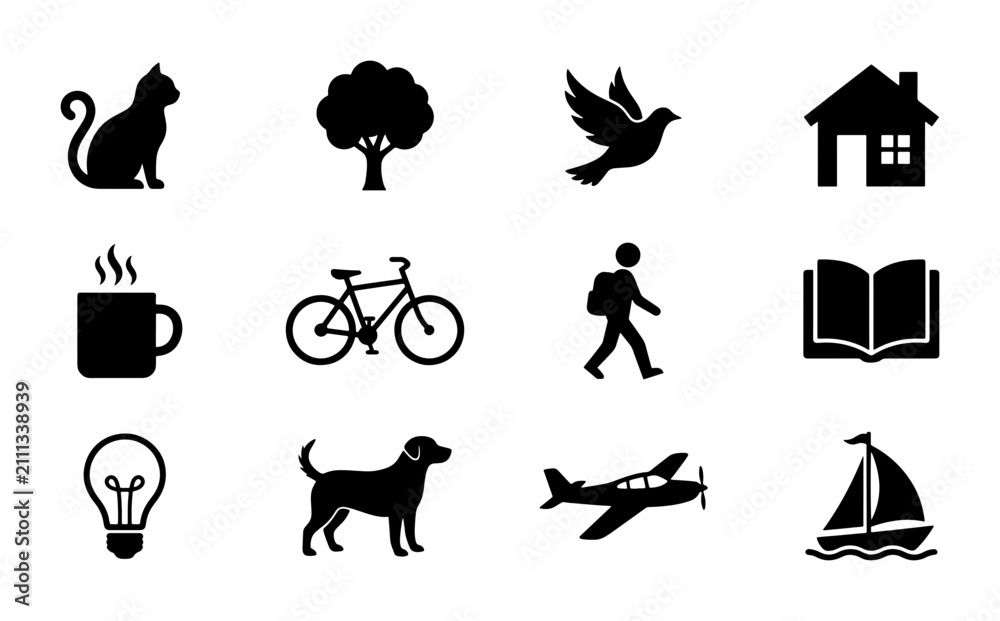Fototapeta premium 12 Simple Black Icons: Cat, Tree, Bird, House, Coffee, Bike, Walker, Book, Lightbulb, Dog, Plane, Sailboat - Versatile Vector Set for Design