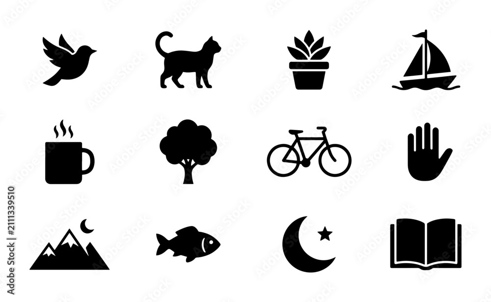 Fototapeta premium Set of 12 Simple Black Icons: Bird, Cat, Plant, Sailboat, Coffee Cup, Tree, Bicycle, Hand, Mountains, Fish, Moon, Book. Clean Vector Graphics for Lifestyle and Nature Themes.