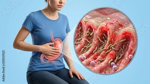 Woman experiencing severe stomach pain displays a magnified medical illustration showing internal gastric inflammation caused by a bacterial infection of the digestive lining.