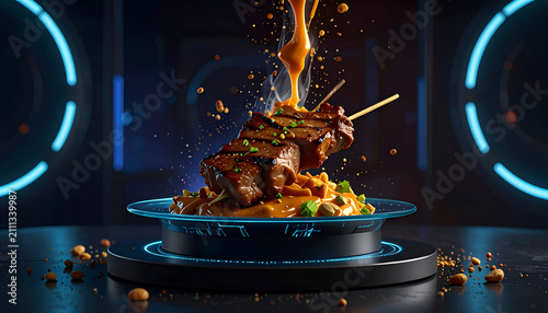 Gourmet Skewers with Savory Sauce in Futuristic Presentation.