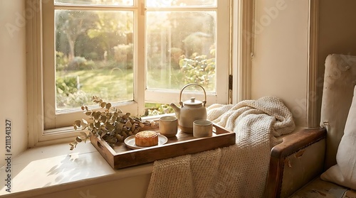 Warm sunlight streaming through window onto cozy tea tray