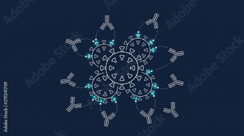 Antibody binding to viral cell cluster shown in a technical diagram illustrating immune system defense mechanisms