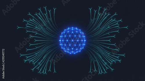 Futuristic biological network of antibodies connecting to a central viral sphere representing digital health and biotechnology