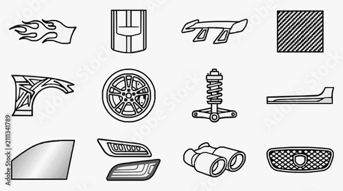 Bild auf Leinwand Modern Black and White Line Icons Set Featuring Car Parts Racing Elements and Ve