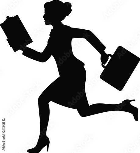 Canvastavla Dynamic busy businesswoman silhouette running with important documents and brief