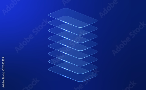 Abstract futuristic layered glass panels with glowing neon blue edges on dark blue technology background