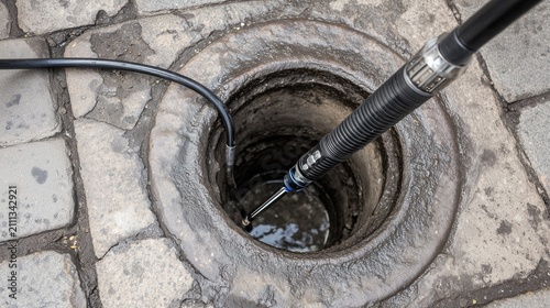 Sewer manhole with inspection camera and cable lowered into a wet stone opening, showing underground utility diagnostic work and maintenance.