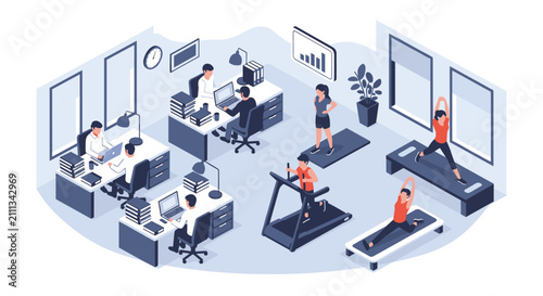 Modern office design combines workstations with a fitness area including treadmills and yoga mats for employees.