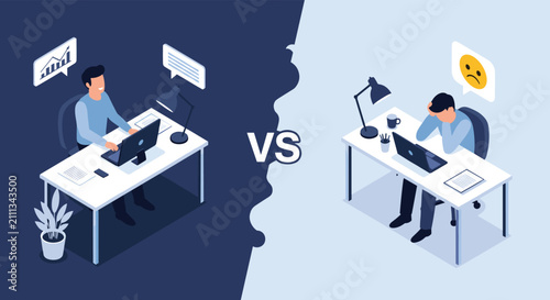 Split screen comparison shows a productive happy office worker versus a stressed and exhausted colleague at work.