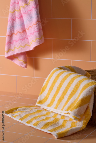 Soft terrycloth towels with vibrant stripes and zigzags