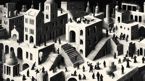 Surreal cityscape featuring intricate architecture, staircases, and figures in dark clothing, creating mysterious atmosphere