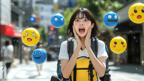 Anime style artwork featuring surprised girl with expressive facial features surrounded by colorful emoticon balloons, capturing joyful moment