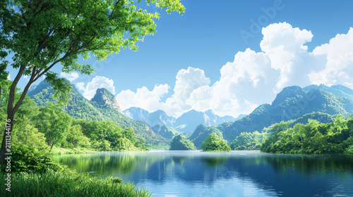 Serene landscape featuring lush green mountains, calm lake, and clear blue sky with fluffy white clouds. scene evokes tranquility and natural