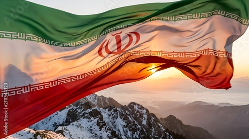 Iran National Flag Flowing Above Mountain Ridge at Sunrise