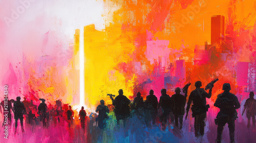 Vibrant oil painting depicting group of silhouetted figures against colorful urban backdrop, evoking sense of tension and drama