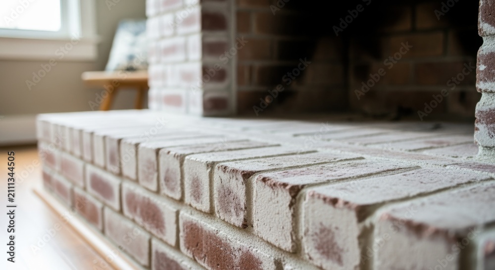 Obraz premium Vintagestyle brick hearth with fresh limewash coating drying under natural light emphasizing contrast and brightening effect on fireplace.