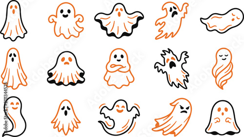 Photography Set of cute hand drawn ghost characters for halloween decorations and spooky par