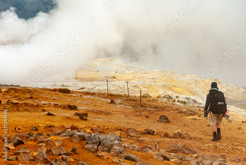 Canvastavla Geothermal landscape with steaming fumaroles at Namaskard Iceland