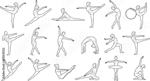 Set of female gymnast and ballet dancer line art illustrations showing various flexible athletic poses.