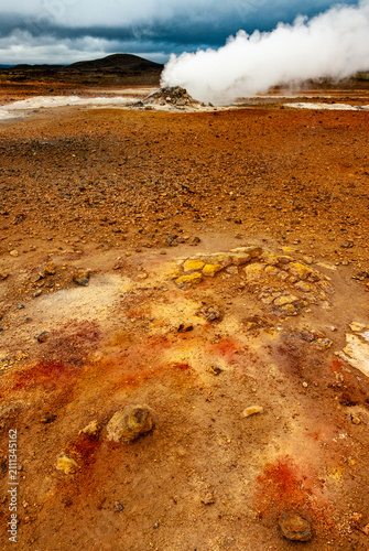 Canvastavla Geothermal landscape with steaming fumaroles at Namaskard Iceland