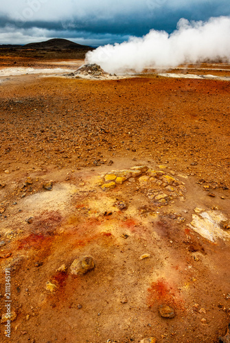 Cuadro en lienzo Geothermal landscape with steaming fumaroles at Namaskard Iceland