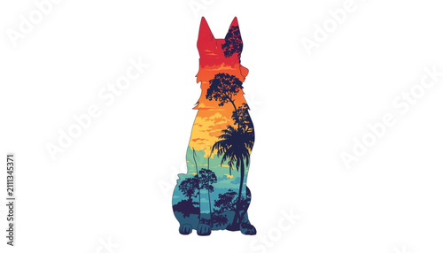 Dog silhouette incorporates a detailed dusk landscape with silhouette palm trees and golden sky textures.