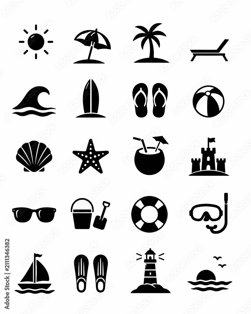 Obraz premium Diverse collection of simple black and white icons representing summer beach and vacation elements
