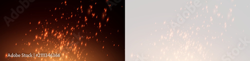 Burning hot sparks effect with embers burning ash and smoke flying in the air. Burning glowing particles. Flame of fire with sparks isolated on a black transparent background. Flame png.	
