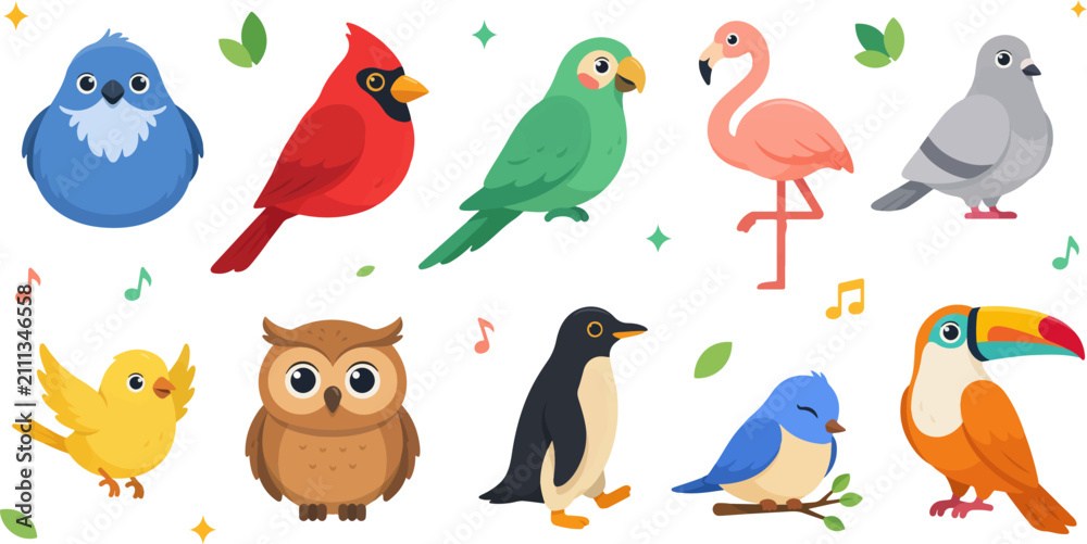 Naklejka premium Set of cute cartoon birds isolated on white background