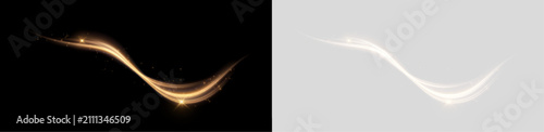 Vector png background with gold glowing lines. Gold glowing lines of speed. Light glow effect. Light trail wave, fire trail line and glow curve swirl.	
