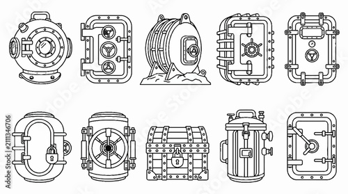 A collection of hand-drawn illustrations featuring various nautical and industrial hatches doors and containers.