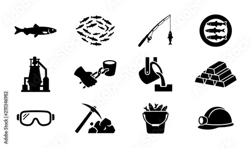 Bild auf Leinwand Industrial Icons Set: Fishing, Mining, Metallurgy, and Manufacturing Vector Grap